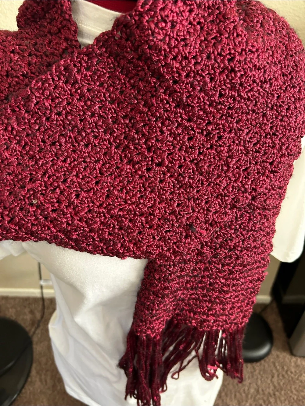 Handmade Burgundy Crochet Scarf with Fringe